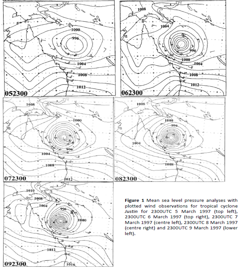 Mean sea level pressure analyses with plotted wind observations for tropical cyclone Justin